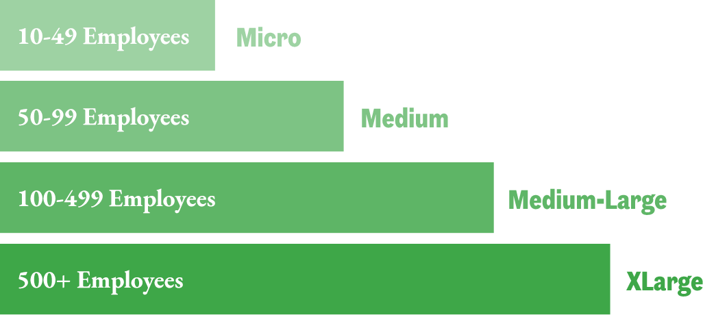 Micro: 10-49 Employees | Medium: 50-99 Employees | Medium-Large: 100-499 Employees | XLarge: 500+ Employees