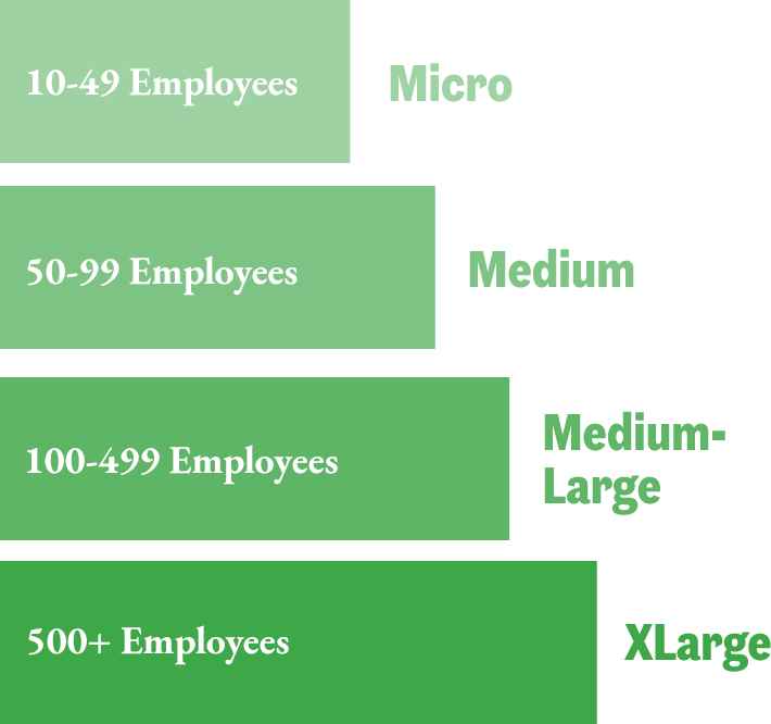 Micro: 10-49 Employees | Medium: 50-99 Employees | Medium-Large: 100-499 Employees | XLarge: 500+ Employees