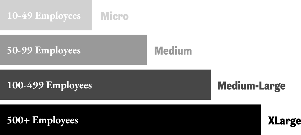 Micro: 10-49 Employees | Medium: 50-99 Employees | Medium-Large: 100-499 Employees | XLarge: 500+ Employees