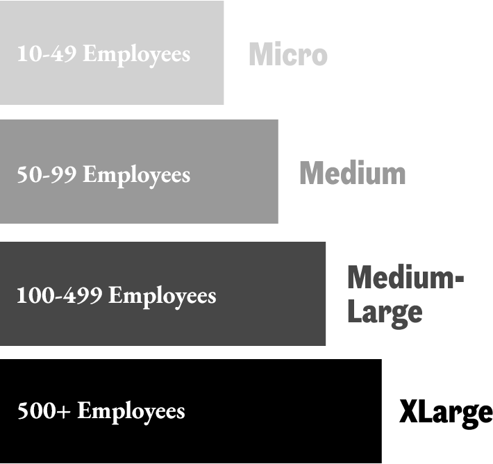 Micro: 10-49 Employees | Medium: 50-99 Employees | Medium-Large: 100-499 Employees | XLarge: 500+ Employees